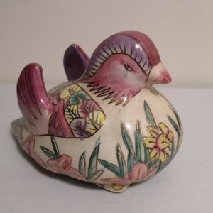 Stunning Vintage Japan Cloisonne Satsuma Ceramic Colorful Bird & Floral Figure